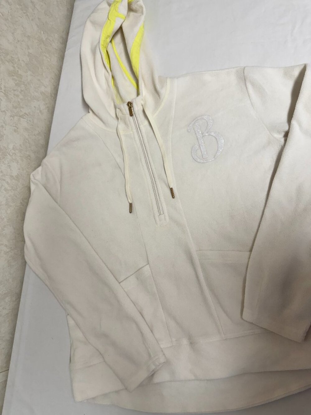 All In Motion Sherpa Fleece Hoodie Large Cream White Half Zip Pullover Neon Trim